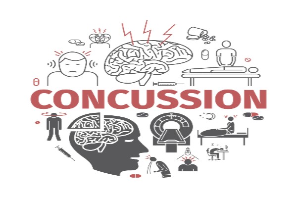 The word concussion with icons in the background